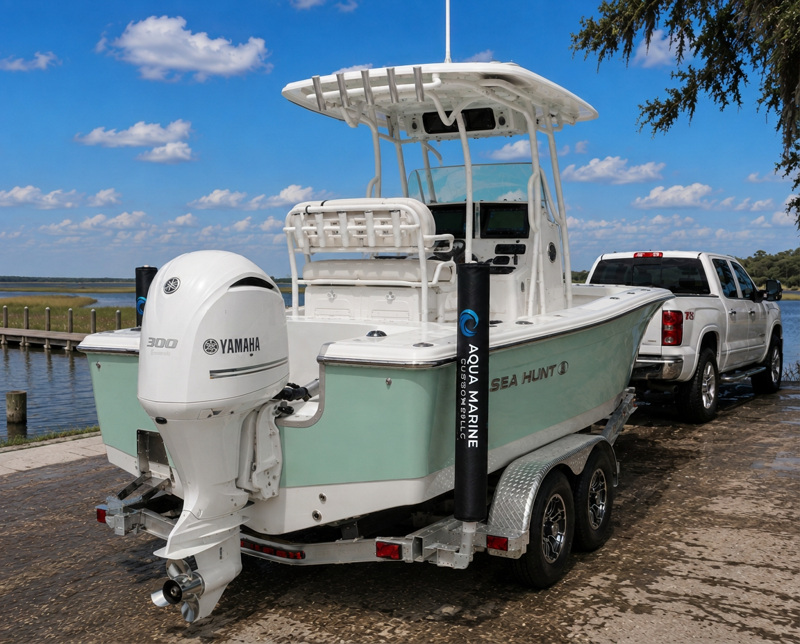 Padded black trailer guide pole covers on a boat trailer