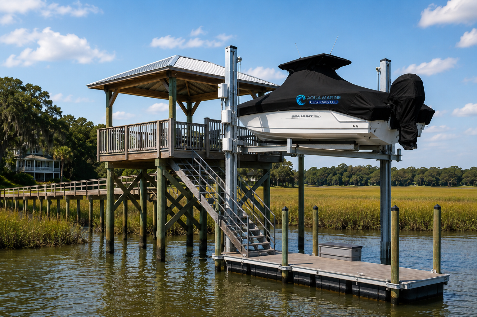 White Sea Hunt 24 center console boat on a powered lift with a custom Aqua Marine Customs full boat cover and motor cover