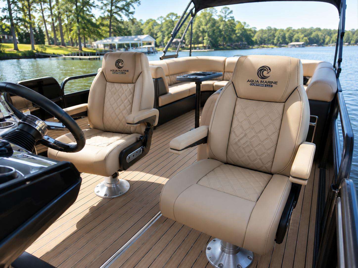 Pontoon interior with restored tan diamond-stitched captain chairs and custom upholstery