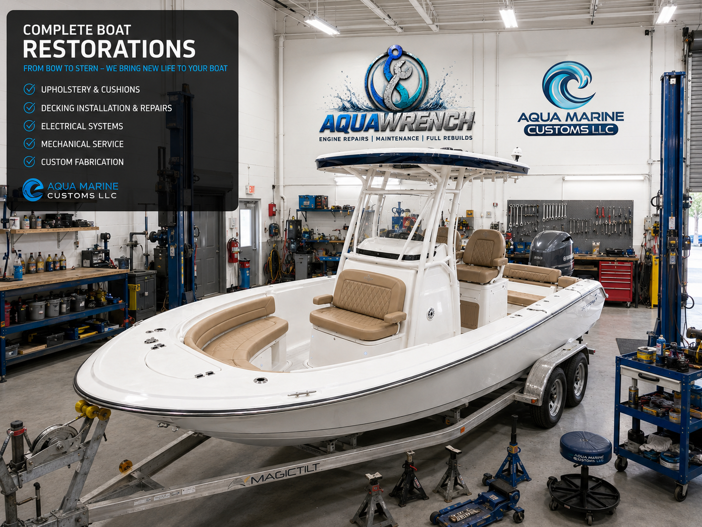 Complete boat restoration in an Aqua Marine Customs and Aqua Wrench Mobile Marine Repair shop with a white center console boat receiving upholstery, decking, electrical, mechanical, and custom fabrication work