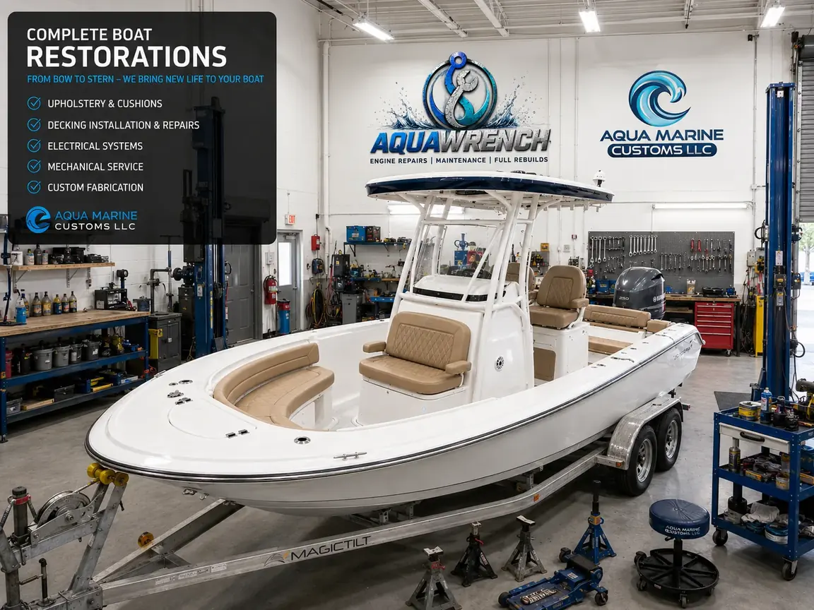 Complete boat restoration in an Aqua Marine Customs and Aqua Wrench Mobile Marine Repair shop with a white center console boat receiving upholstery, decking, electrical, mechanical, and custom fabrication work