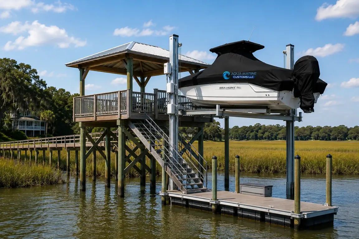 White Sea Hunt 24 center console boat on a powered lift with a custom Aqua Marine Customs full boat cover and motor cover