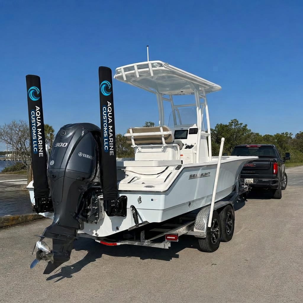 Custom black power pole covers on a boat's shallow water anchors