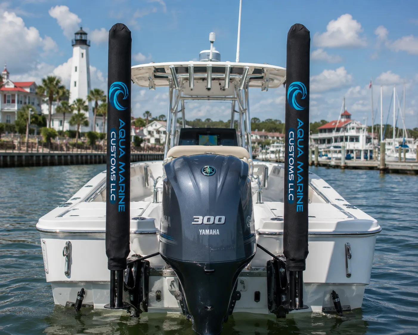 Custom Aqua Marine Customs power pole covers on a boat